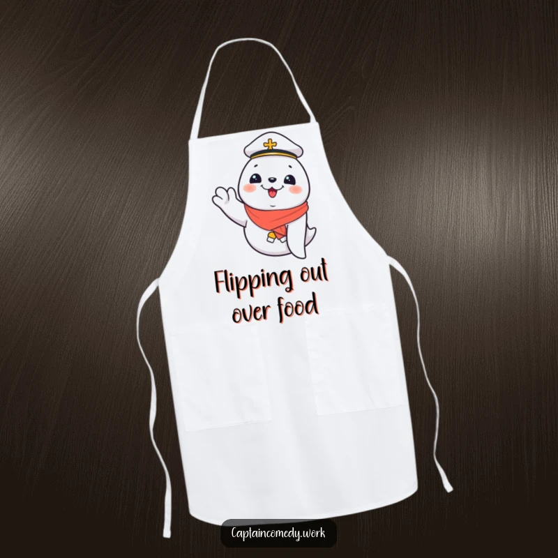 Funny Giggling Seal First Mate Apron, a seal joyfully waves, adding nautical humor to cooking, a funny gift for chefs.