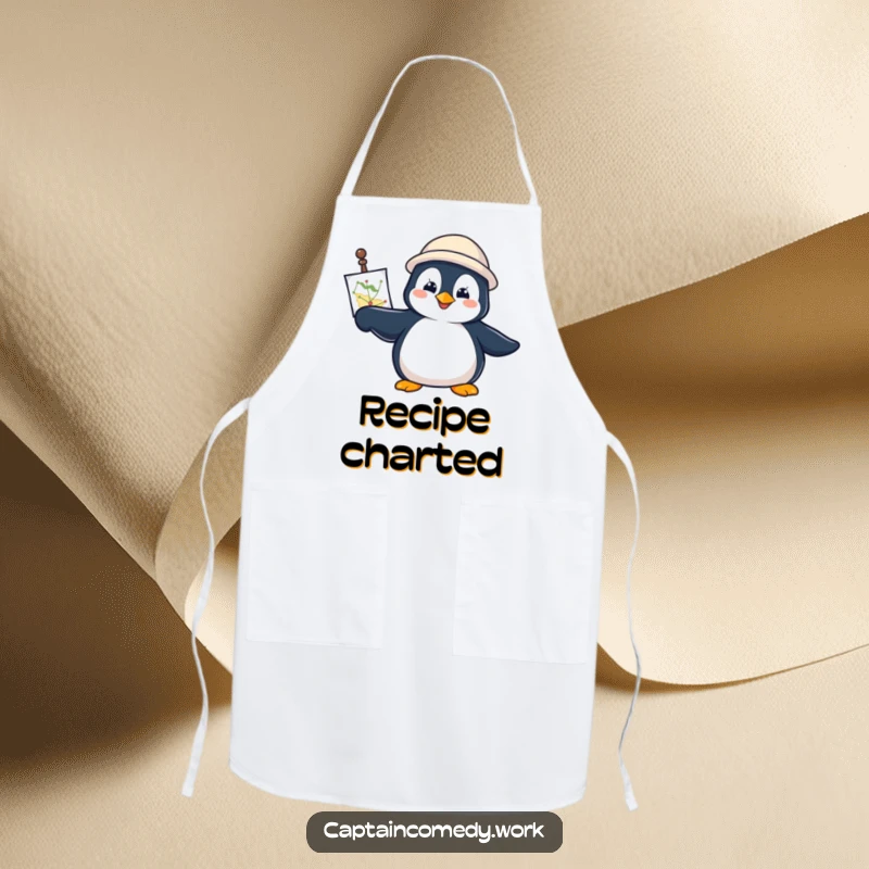 Funny Penguin Navigator Apron showing a determined penguin with a navigational chart, pointing forward, perfect for kitchen adventures.