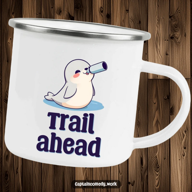 Funny Seal Explorer Camping Mug showing a cheerful seal with a spyglass, looking out at a vast ocean, ready for outdoor brews.