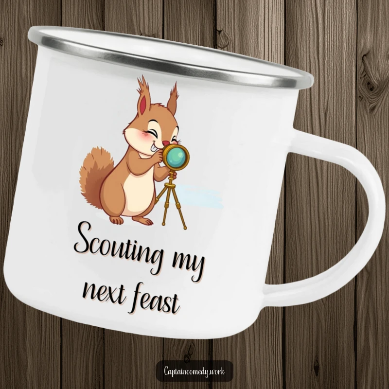 Funny Squirrel Spyglass Camping Mug: A giggling squirrel peers through a spyglass at the horizon, depicted on a durable enamel mug.