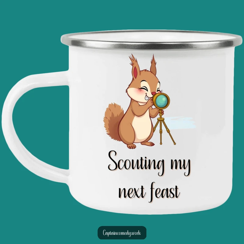 Funny Squirrel Spyglass Camping Mug - Giggling Explorer Enamel Cup, Perfect Funny Gift