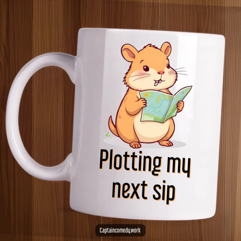 Funny Capybara Navigator Mug, this determined capybara is intensely focused on a map, ready for any expedition, a truly funny exploration gift idea.