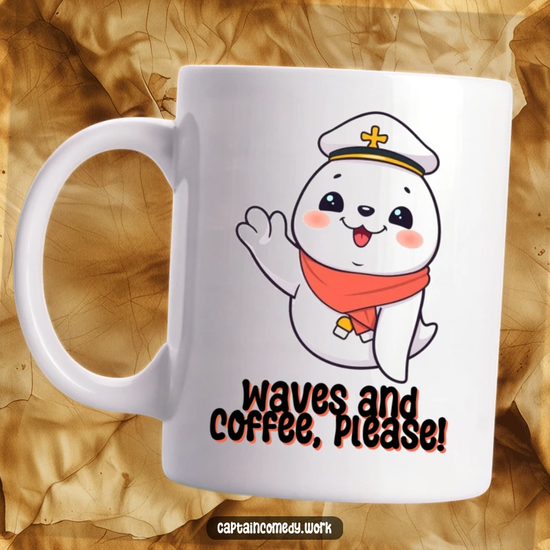Funny Giggling Seal First Mate Mug, a happy seal waves energetically, embodying pure joy and nautical fun, a funny gift for sailors.