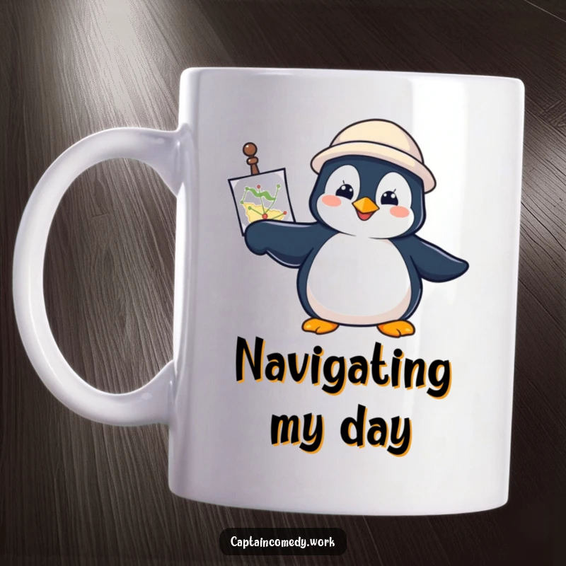Funny Penguin Navigator Mug showing a determined penguin with a navigational chart, pointing forward with purpose, ready for adventure.