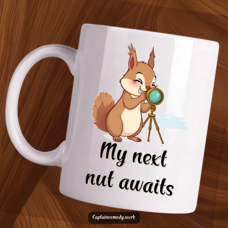 Funny Squirrel Spyglass Mug: A giggling squirrel peers through a brass spyglass, scanning the horizon with a mischievous glint.