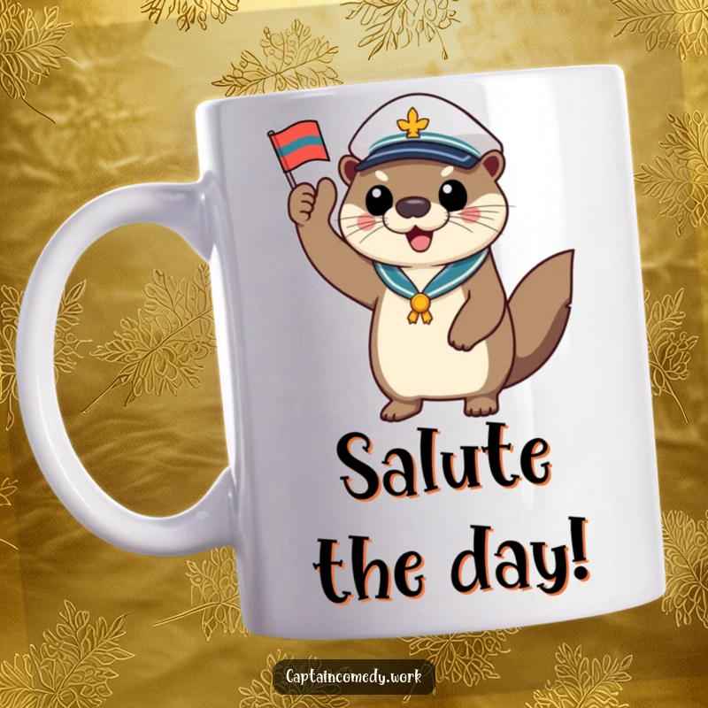 Funny otter captain mug, a cheerful sea mammal in uniform saluting with a tiny flag, depicting nautical fun and humorous leadership.