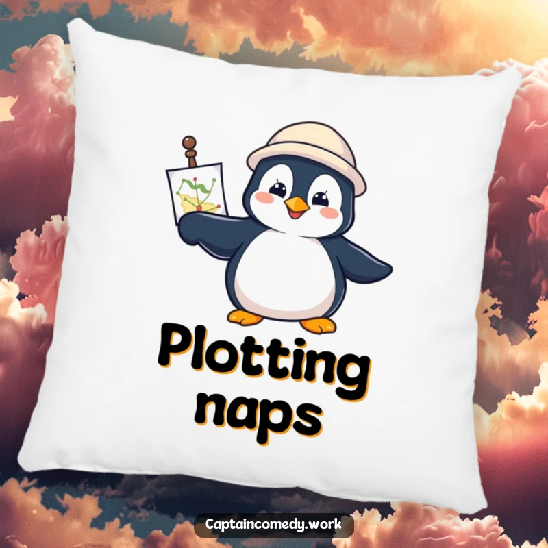 Funny Penguin Navigator Pillow featuring a determined penguin with a navigational chart, pointing forward, perfect for cozy, inspiring comfort.
