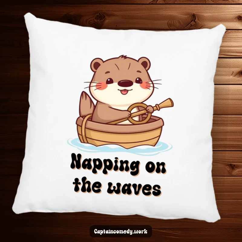 Funny Otter Pillow: A happy otter humorously steering a small boat with a tiny oar, bringing cheerful comfort and aquatic charm to any space.
