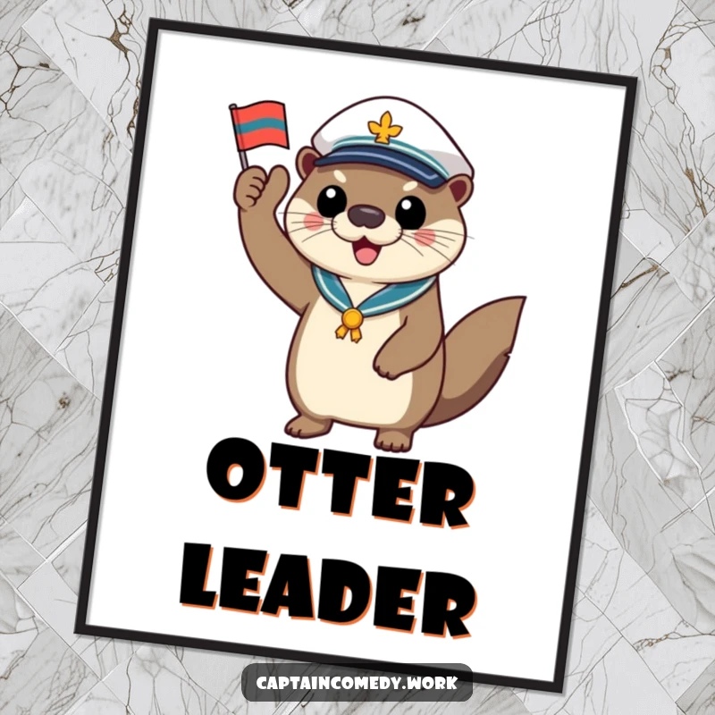 Funny otter captain digital art print, a cheerful sea mammal saluting with a tiny flag, high-resolution humorous artwork for instant download.