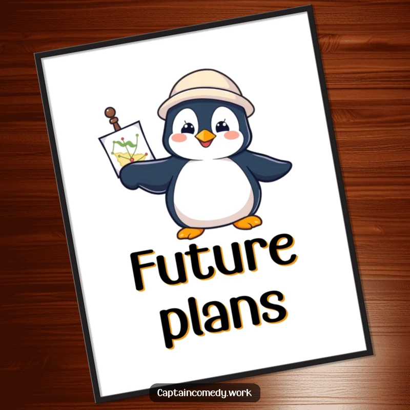 Funny Penguin Navigator Digital Art Print of a determined penguin with a navigational chart, pointing forward, ideal for motivational decor.