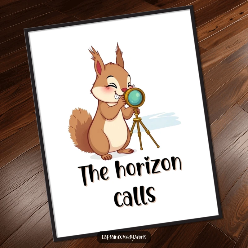 Funny Squirrel Spyglass Digital Art Print: A giggling squirrel peering through a brass spyglass at the horizon, ready to inspire adventure.