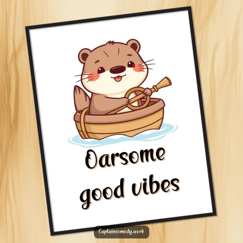 Funny Otter Digital Art Print: A happy otter humorously steering a small boat with a tiny oar, capturing the essence of aquatic joy and adventure.