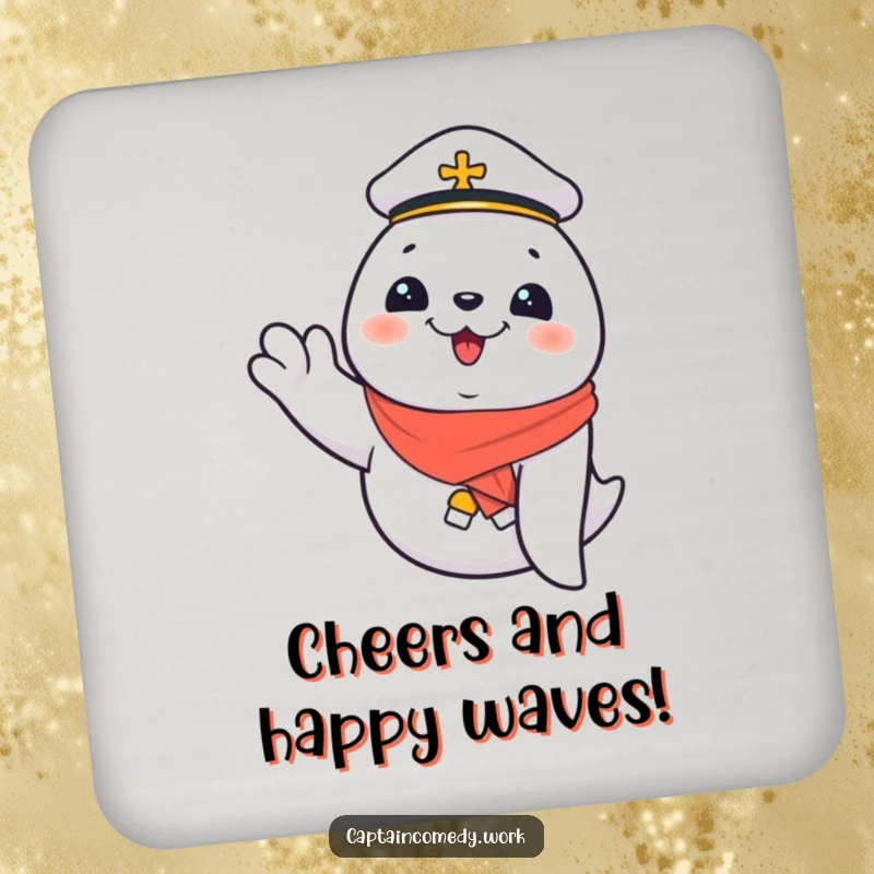 Funny Giggling Seal First Mate Coaster Set, a seal waves joyfully, protecting surfaces with a smile, a funny gift for entertainers.