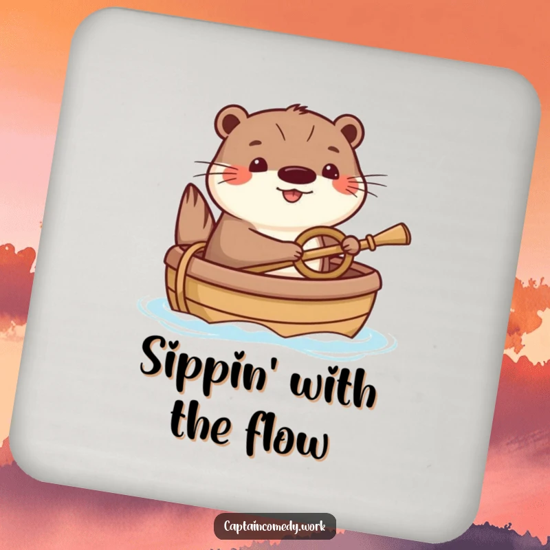 Funny Otter Coasters: Happy otters humorously steering small boats with tiny oars, adding cheerful nautical protection to your tables.