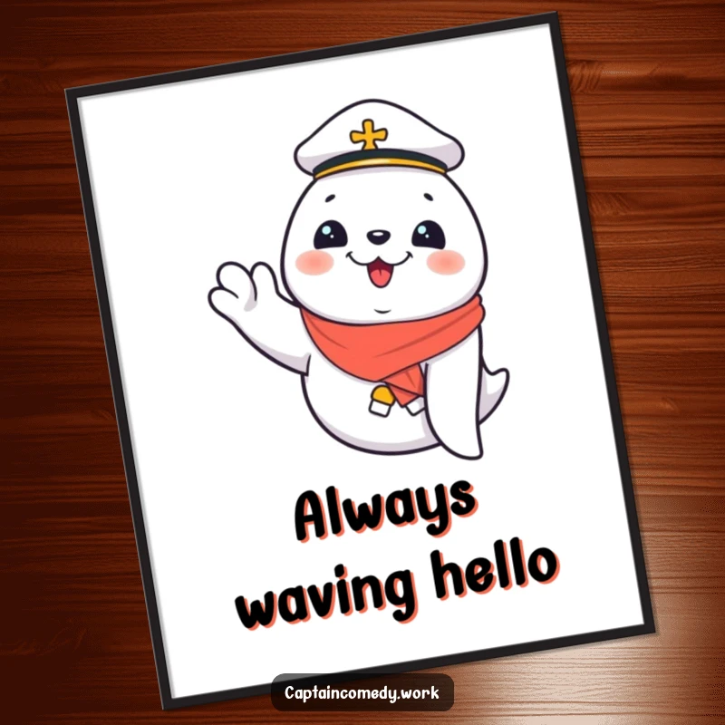 Funny Giggling Seal First Mate Poster, a seal waves with glee, bringing nautical charm and laughter, a funny art gift for ocean enthusiasts.