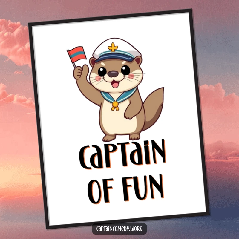 Funny otter captain poster, a cheerful sea otter saluting with a tiny flag, a humorous piece of nautical art.
