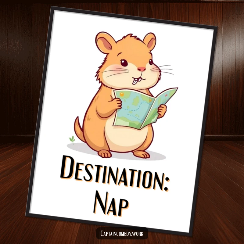 Funny Capybara Navigator Poster, showcasing a determined capybara engrossed in a map, ideal for adventurous souls, a funny and decorative gift.