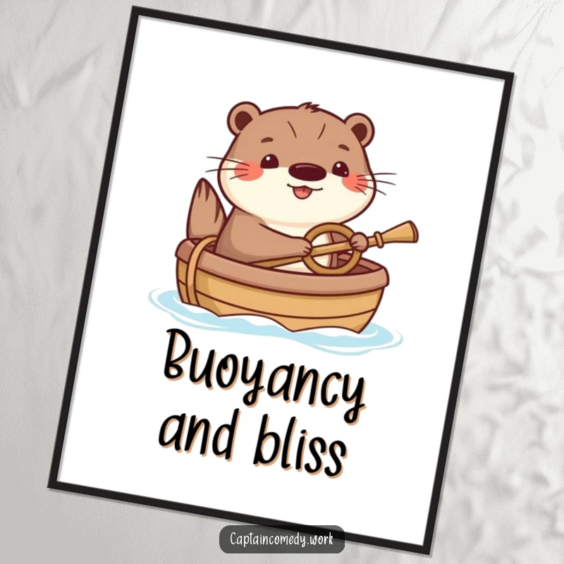 Funny Otter Poster: A happy otter humorously steering a small boat with a tiny oar, capturing the joy of aquatic adventures in a delightful artwork.