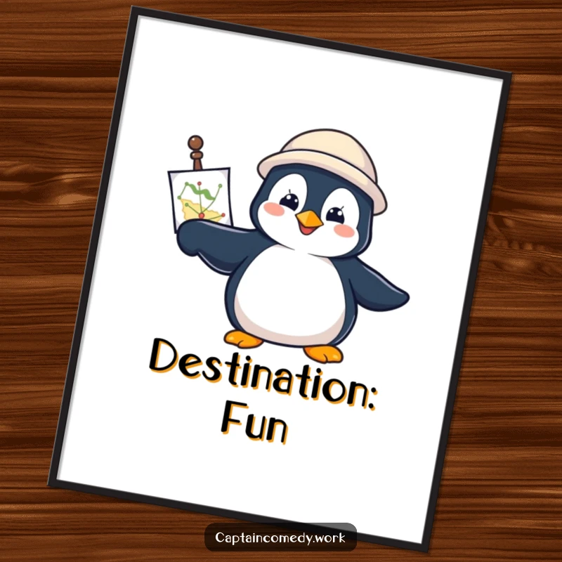 Funny Penguin Navigator Poster showing a determined penguin with a navigational chart, pointing forward, inspiring adventure-themed decor.