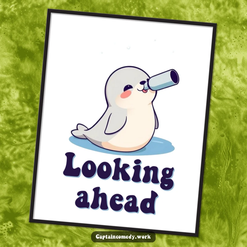 Funny Seal Explorer Poster showing a cheerful seal with a spyglass, looking out at a vast ocean, inspiring nautical wall decor.