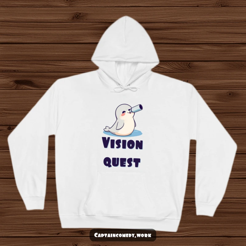 Funny Seal Explorer Hoodie featuring a cheerful seal with a spyglass, looking out at a vast ocean, perfect for cozy adventures.