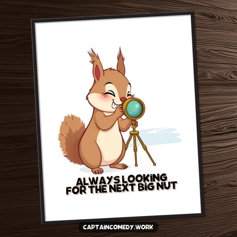 Funny Free Printable Wall Art: Giggling squirrel looking through a brass spyglass towards the distant horizon.