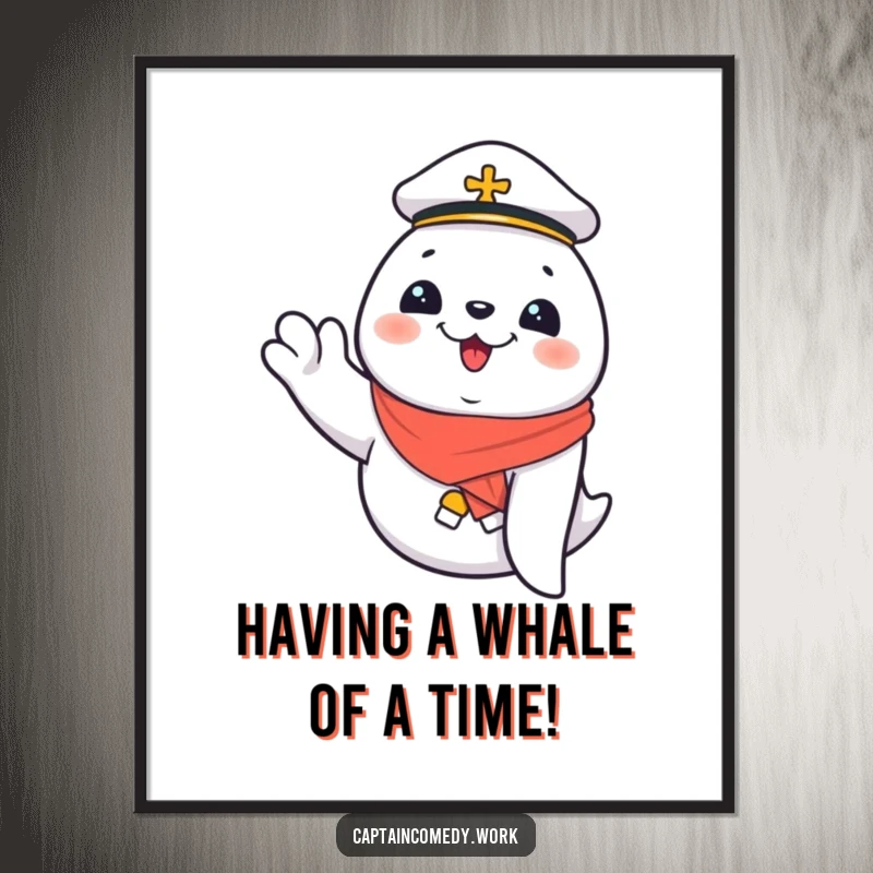 Funny Free Printable Wall Art: A joyful, giggling seal first mate waving with excitement, bringing nautical vibes.