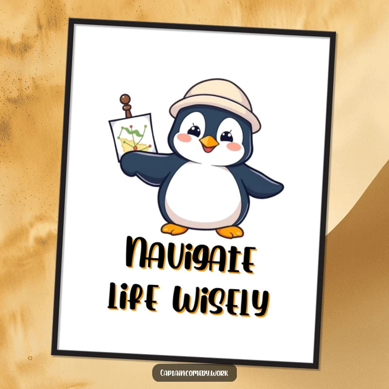Funny Free Printable Wall Art: A determined penguin holding a navigational chart, pointing forward with clear direction.