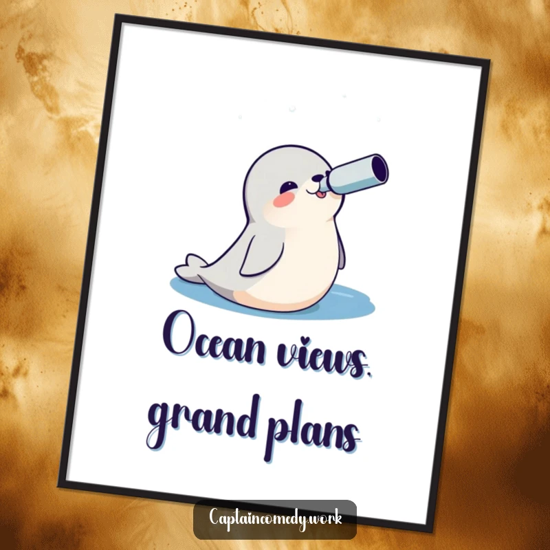 Funny Free Printable Wall Art: A curious seal holding a spyglass, looking out at a vast ocean, marine decor.