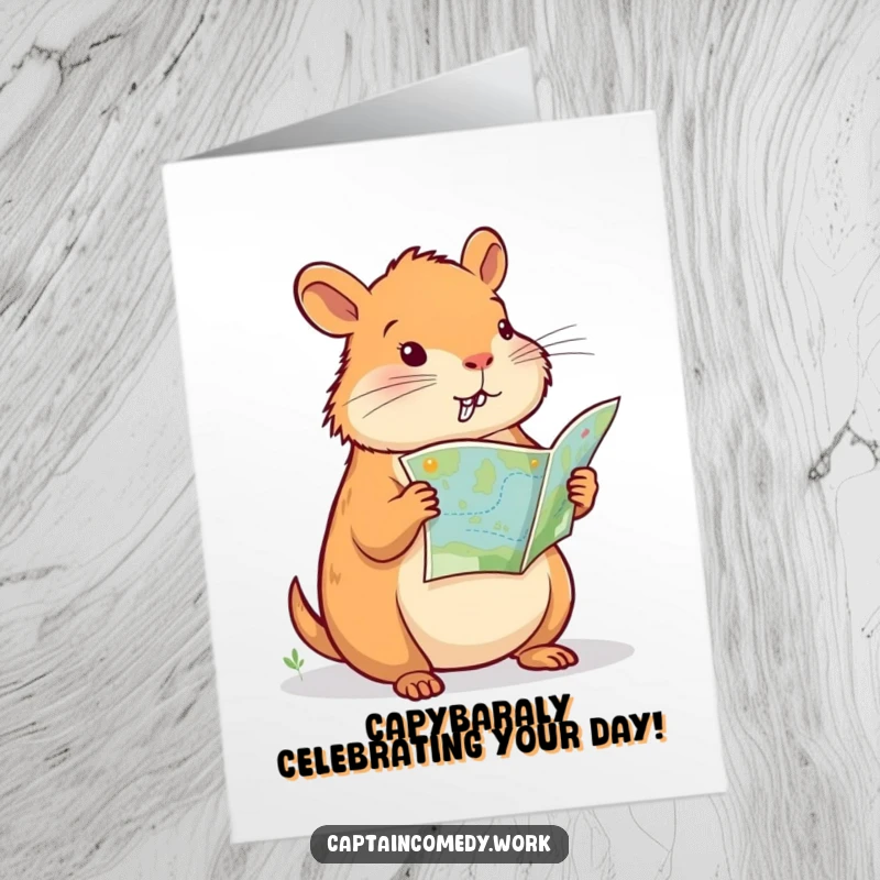 Funny Free Printable Birthday Card: Determined capybara navigator plotting course on a treasure map, ready for a birthday adventure.