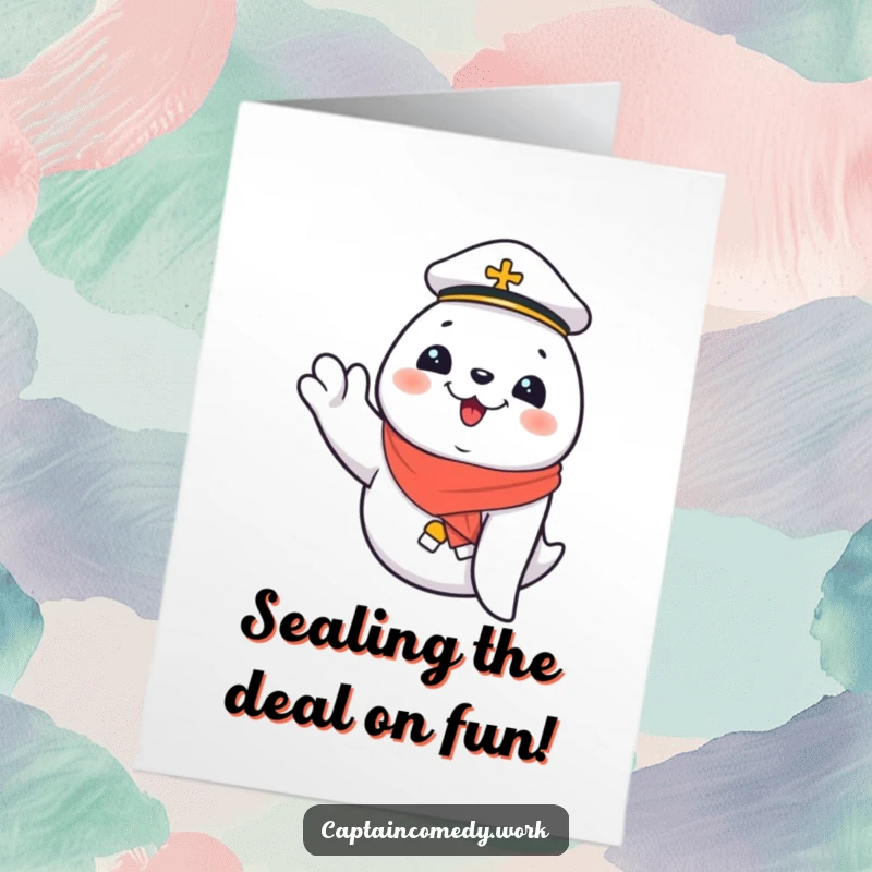 Funny Free Printable Birthday Card: Giggling seal first mate enthusiastically waving hello from the deck of a ship.