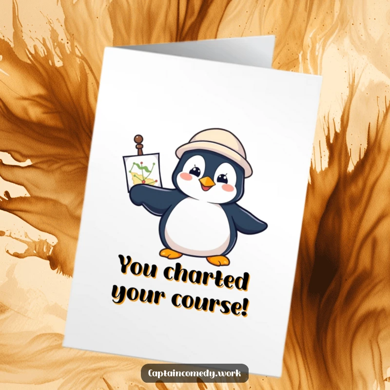 Funny Free Printable Congratulations Card: Determined penguin with a navigational chart, pointing forward to new success.