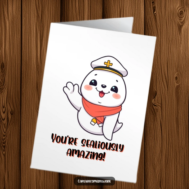 Funny Free Printable Congratulations Card: Giggling seal first mate waving enthusiastically, celebrating a fantastic achievement.