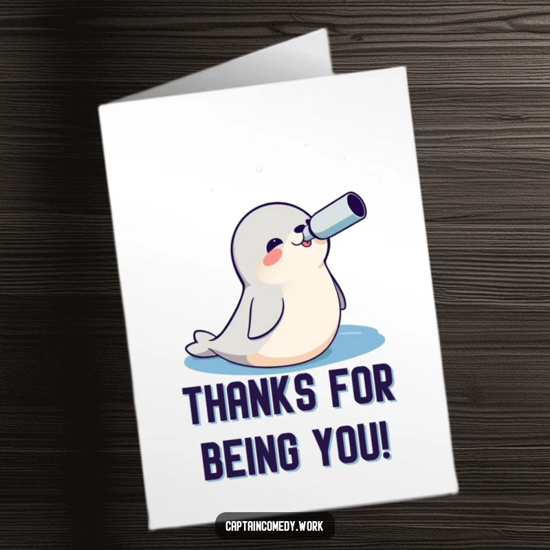 Funny Free Printable Thank You Card: Cheerful seal with a spyglass, looking out at the ocean, expressing thanks.