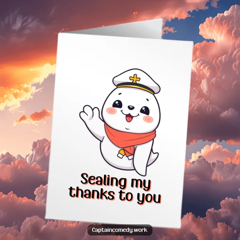 Funny Free Printable Thank You Card: Giggling seal first mate waving a flipper, expressing sincere thanks.