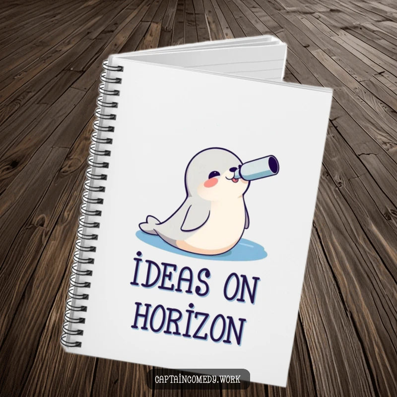 Funny Seal Explorer Notebook with a cheerful seal holding a spyglass, looking at the ocean, perfect for jotting down notes.