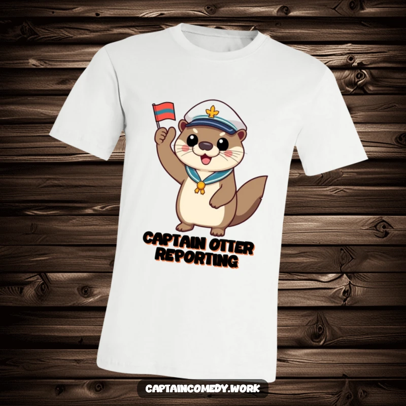 Funny otter captain t-shirt, a cheerful sea creature saluting with a tiny flag, showcasing nautical humor and playful leadership.