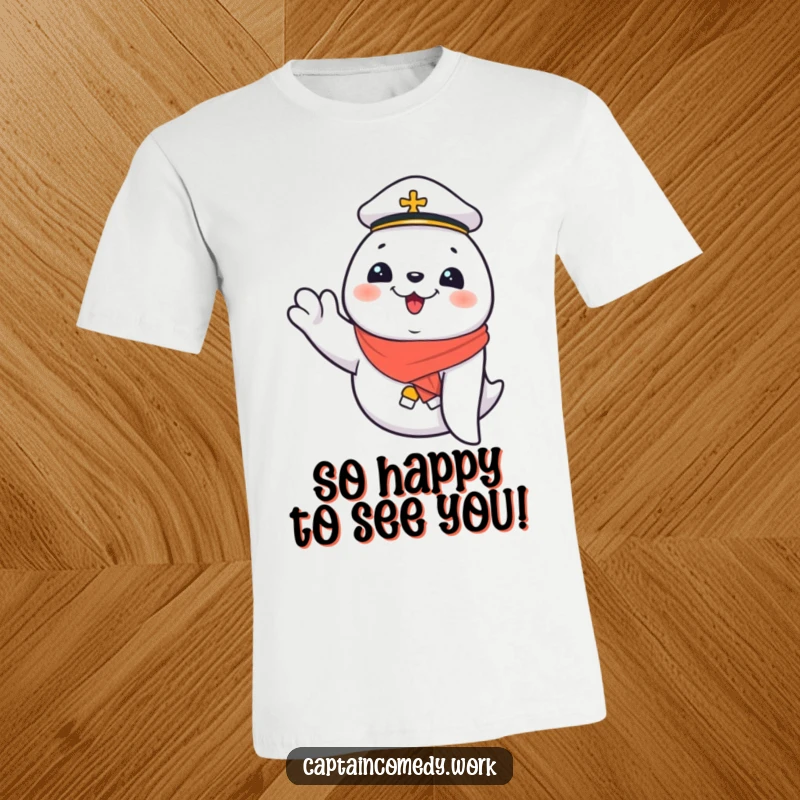 Funny Giggling Seal First Mate T-Shirt, a seal giggles while waving enthusiastically, exuding nautical cheer and fun, a funny gift for sea lovers.