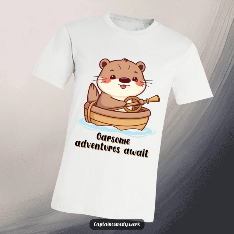 Funny Otter T-Shirt: A happy otter humorously steering a small, cheerful boat with a tiny oar, showcasing its playful and adventurous spirit on the water.