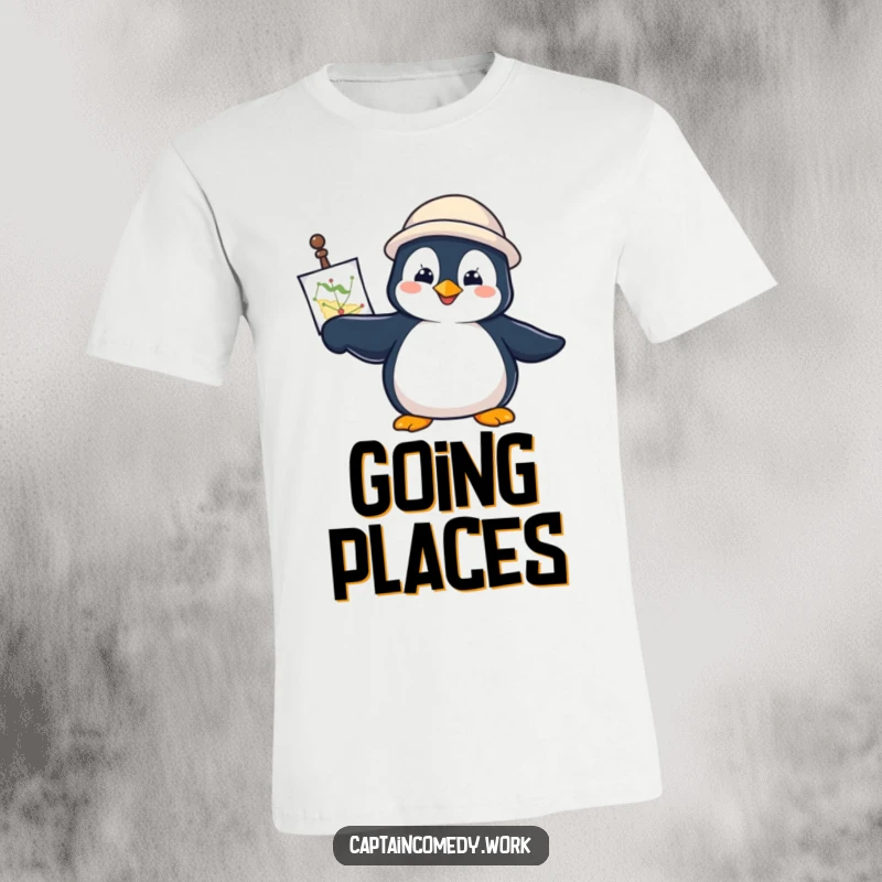 Funny Penguin Navigator T-Shirt depicting a determined penguin holding a navigational chart, pointing forward with conviction.