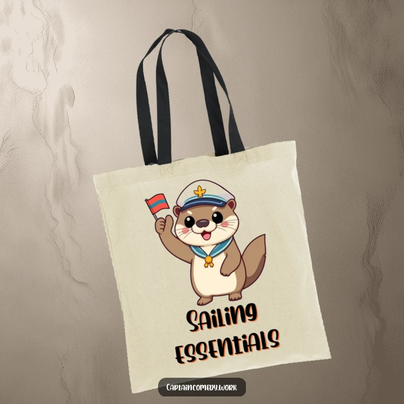 Funny otter captain tote bag, a cheerful animal saluting with a tiny flag, a stylish and humorous accessory for nautical adventures.